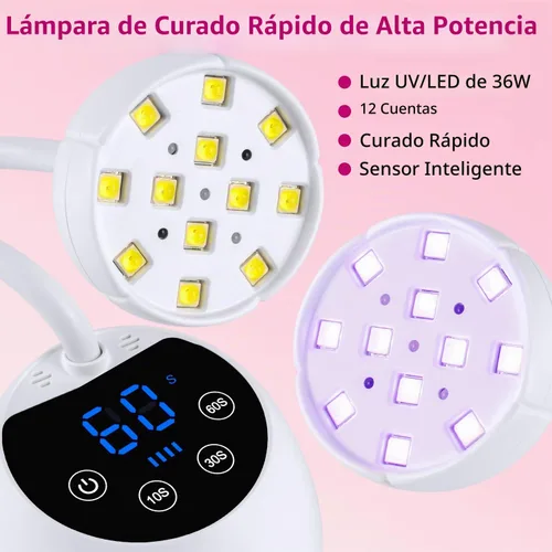 Vista 4 de Lámpara de uñas UV, cuello de cisne inalámbrico de 36 W, lámpara de curación de flash con 3 temporizadores y sensor automático para arte de uñas