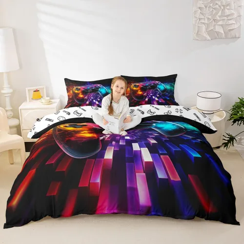 Vista 18 de Juego de funda de edredón con diseño de videojuegos para niños, tamaño individual, negro y azul a cuadros, juego de ropa de cama moderna