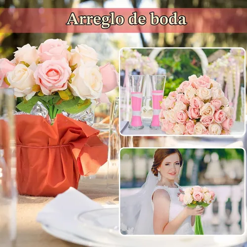 Vista 6 de Jexine - 120 rosas artificiales de seda a granel, color rosa y blanco