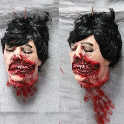 Vista 19 de RiceelSor Decoración colgante de cabeza dividida para Halloween, diseño de cadáver sangriento, de terror, de tamaño real, con peluca, disfraz