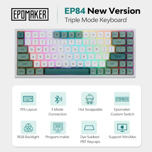 Vista 2 de EPOMAKER EP84 Teclado mecánico para juegos con cable 75 RGB intercambiable en caliente 24GHzBluetooth 50USB-C con software programable NKRO