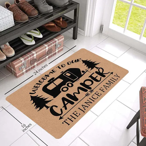 Vista 2 de Alfombras de camping con nombre personalizado, bienvenido a nuestra caravana, alfombrillas para exteriores, antideslizantes, coloridas, alfombra