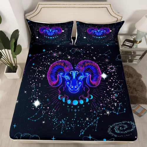Vista 2 de Erosebridal Aries - Juego de sábanas tamaño individual de nebulosa hippie y astrología del zodiaco psicodélico, juego de sábanas psicodélico