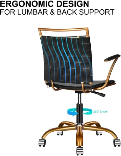 Vista 4 de Silla de escritorio negra y dorada, silla giratoria ergonómica de escritorio para computadora con brazos, silla ergonómica de cuero negro