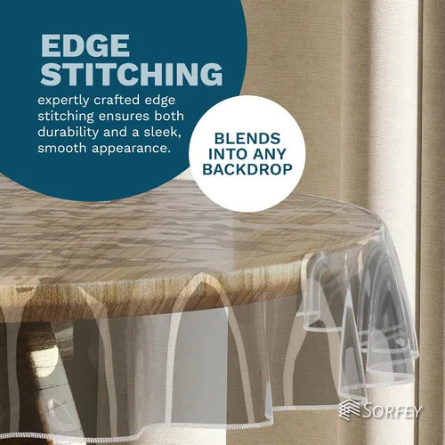 Vista 6 de Mantel de plástico para mesa, protector de mantel de plástico transparente, con borde, 60 pulgadas, redondo, impermeable y resistente al aceite