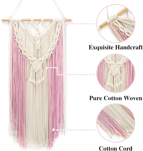 Vista 8 de LB Colgante de pared de macramé rosa, decoración de pared de macramé bohemio, borla rosa y beige, bohemio, tejido a mano, macramé, decoración