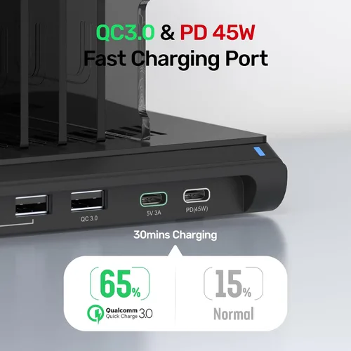 Vista 3 de Unitek Estación de carga USB de 120 W, 10 puertos rápidos, concentrador de carga múltiple para múltiples dispositivos Apple con puerto QC 3.0 PD