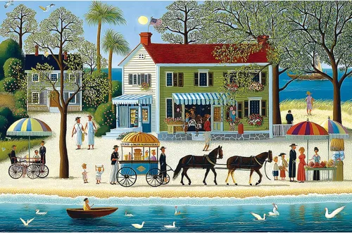 Vista 10 de Rompecabezas del Faro del Pueblo Costero de Nueva Inglaterra, 1000 Piezas, Arte Escénico Costero con Carruajes de Caballos, Estilo de Arte Popular