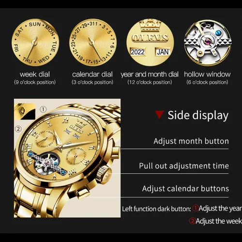 Vista 5 de OLEVS Relojes automáticos de cuerda automática para hombre, fecha y día, calendario, relojes de acero inoxidable, movimiento de esqueleto
