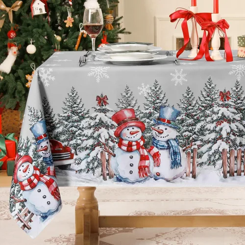 Vista 8 de Softalker Mantel Navideño Rectangular 60x102 Pulgadas, Mantel Rojo de Mesa de Invierno Navidad Muñeco de Nieve Camión, Cubierta de Mesa