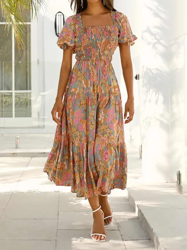 Vista 8 de ZESICA - Vestido de verano largo para mujer, diseño acampanado con cuello cuadrado y volantes, estampado floral y bohemio, para la playa