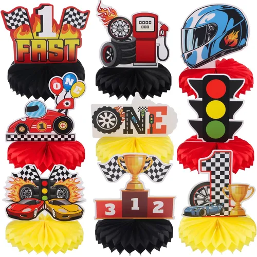 Vista 10 de 9 piezas de centro de mesa de auto de carreras de 2º cumpleaños Let's Go Racing Two Fast Birthday Party Decoración de mesa de auto de carreras
