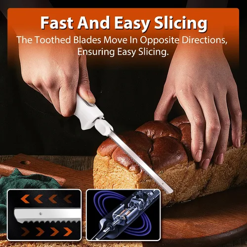 Vista 6 de Cuchillo eléctrico, juego de cuchillos de trinchar eléctricos con dos cuchillas dentadas de acero inoxidable, tenedor de tallado, con mango