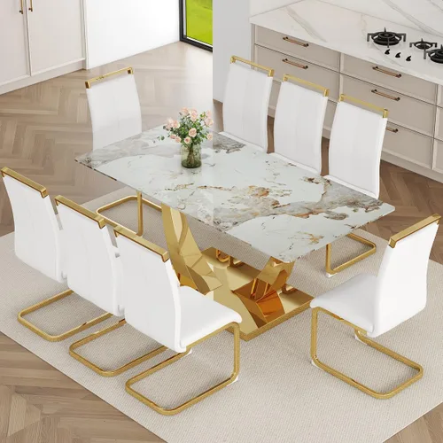Vista 15 de Juego de mesa de comedor de mármol sintético para 6, mesas de comedor rectangulares para 6, mesa de cocina dorada y 6 sillas de piel sintética