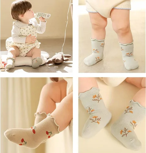 Vista 5 de WATOCHE Calcetines para bebés y niñas pequeñas, con volantes, calcetines de vestir con volantes, calcetines antideslizantes para bebés, lindos