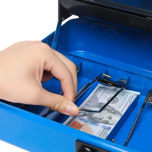 Vista 6 de Caja de efectivo con cerradura combinada: caja de dinero de acero de 0.03 in con bandeja de monedas automática y tapa de monedas a prueba de Azul-C