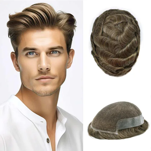 Vista 35 de Mens Toupee Remy Human Hair System For Men Bleached Knot Toupee Hair Piece For Men French Lace Toupee For Men Hairpiece 8X10#17 Dark Ash Blonde 90%