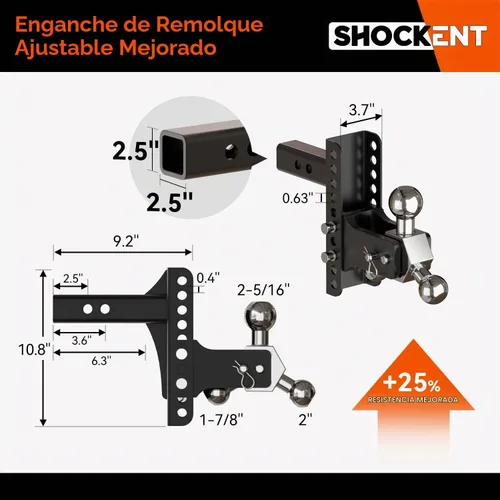 Vista 2 de Enganche de enganche de remolque ajustable para receptor de 2.5 pulgadas, enganche de remolque de caída/elevación de 6 pulgadas con bolas triples