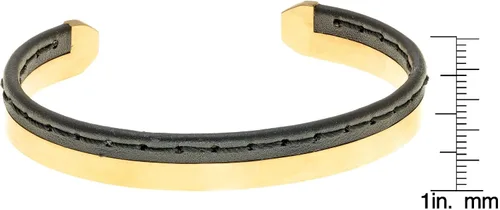 Vista 3 de Metro Jewelry Brazalete abierto de acero inoxidable dorado y cuero genuino cosido para hombre, 0.394 in, 8.5 pulgadas de largo, Metal, No es una