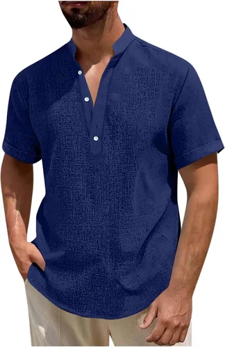 Vista 11 de Camisa hawaiana para hombre, manga corta, cuello en V, cuello en V, camisas de lino con botones, camisetas de crucero, camisetas casuales bohemias