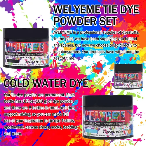 Vista 2 de Polvo de tinte para agua fría, surtido de 8 colores, 7/2-oz. frascos a granel, para teñido anudado, batik, teñido con hielo