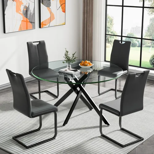 Vista 24 de HomVent Juego de mesa de comedor redonda de vidrio de 3 piezas, juego de mesa de cocina de vidrio redondo para 2 personas con 2 sillas de comedor