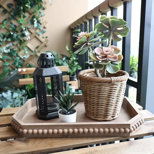 Vista 7 de Hrastany Bandeja de servir rústica de madera con cuentas, bandeja decorativa de granja marrón para centro de mesa, decoración navideña de boda
