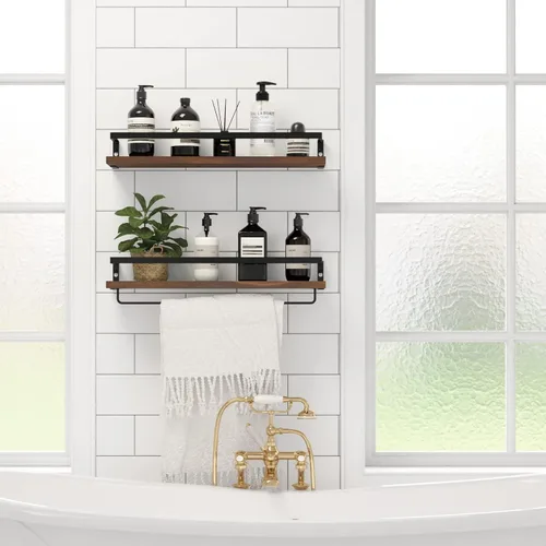 Vista 3 de Estantes flotantes para pared, estantes de baño con toallero, estantes de almacenamiento montados en la pared para cocina, baño, juego de 2 Marrón