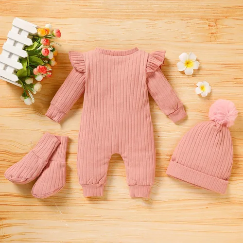 Vista 3 de GRNSHTS Conjunto de ropa para bebé recién nacida, mameluco con estampado de letras, sombrero+diadema para llegar a casa