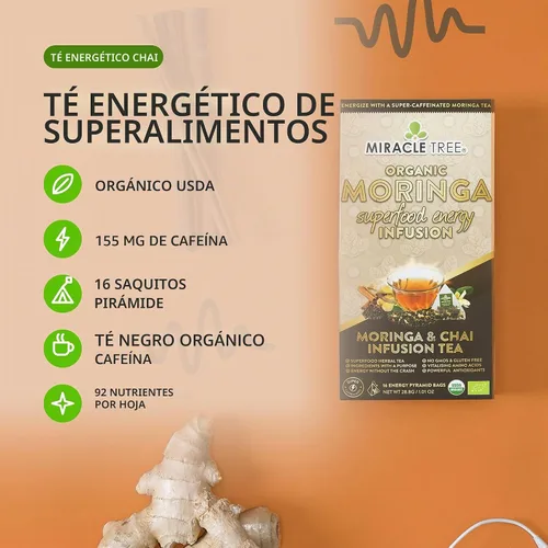 Vista 2 de Miracle Tree 's Energizing Moringa Infusion - Chai Mezcla súper cafeína Alternativa de café saludable, perfecta para concentrarse Certificado