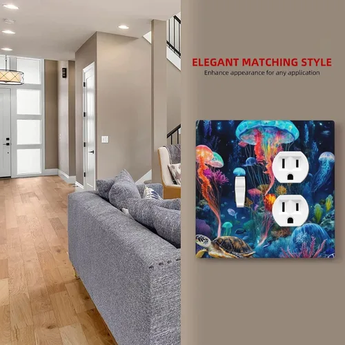 Vista 7 de Placa decorativa para interruptor de luz, medusas, tortugas marinas, fantasía, océano, 2 bandas, 1 palanca, 1 placa de pared dúplex, cubiertas