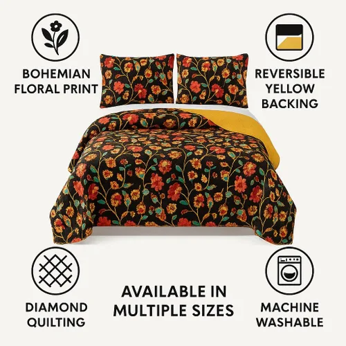 Vista 2 de DaDa Bedding Collection Marigold's Elegant Autumn Garden - Juego de colcha reversible acolchada – Brillante vibrante floral multicolor sólido