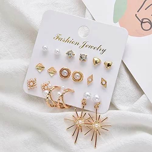 Vista 5 de Juego de 56 pares de aretes para mujer, aretes de aro de perla, varios aretes de tuerca, joyería simple y linda