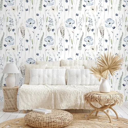 Vista 2 de VEELIKE Papel tapiz floral azul de acuarela para despegar y pegar, papel tapiz botánico de helecho bohemio para dormitorio, baño, guardería, 17.7 x