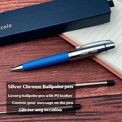 Vista 4 de Ancolo Bolígrafo cromado plateado personalizado, impresionante bolígrafo de lujo con piel sintética, personaliza tu mensaje, nombre. Set de regalo