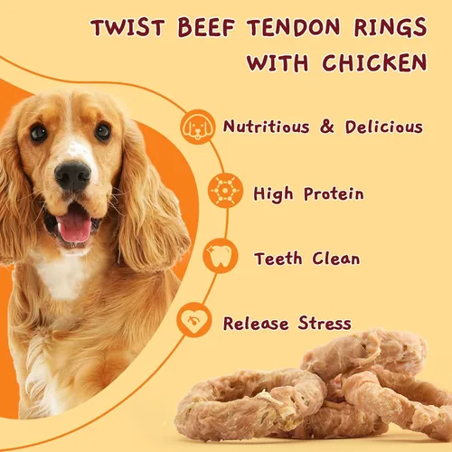 Vista 4 de Jungle Calling Tendones de carne para perros adultos, tendones envueltos en pollo, masticables para perros de larga duración, suplemento para cadera