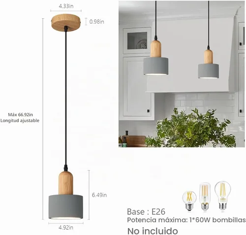 Vista 2 de Luces Colgantes Modernas de Cemento Gris Araña Lámparas de Techo de Madera para Isla de Cocina Dormitorio Comedor Sala de Estar Bar (Paquete de 2)
