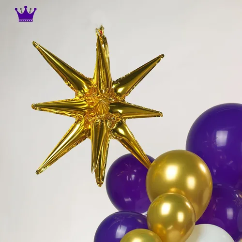 Vista 6 de Kit de guirnalda de globos morado real dorado blanco 126 piezas globos de papel aluminio de corona de explosión estelar de lujo de doble relleno