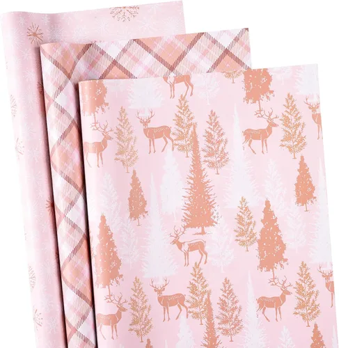 Vista 13 de RUSPEPA Juego de papel de regalo de Navidad negro y dorado, mini rollo, papel de regalo navideño con lámina dorada con árbol, copo de nieve y diseño