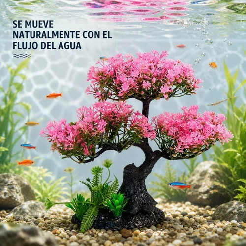 Vista 2 de Cabilock Decoración de acuario de flor de cerezo rosa, planta artificial de tanque de peces de árbol Sakura de 12.2 pulgadas con base estable