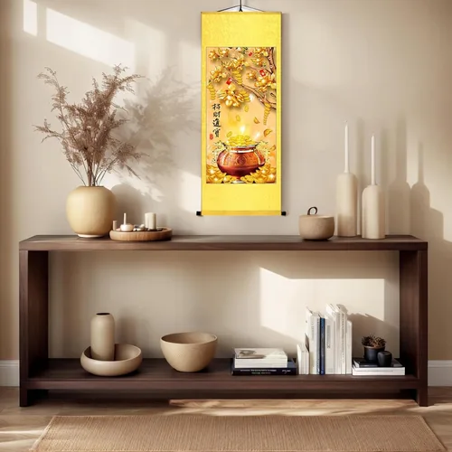 Vista 2 de Zzooi Feng Shui - Arte de pared de árbol del dinero, árbol de monedas, árbol del tesoro, pergamino de seda, póster de seda colgante de fortuna