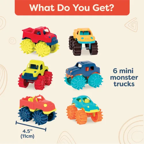 Vista 6 de B. toys – Coches de juguete de plástico – 6 – Paquete y bolsa de almacenamiento – Camiones coloridos para niños pequeños – Fácil de limpiar – Más