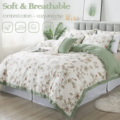 Vista 6 de FADFAY Juego de ropa de cama de 7 piezas, 100% algodón, diseño floral beige, tamaño Queen + funda de edredón, ropa de cama completa con flores rosas