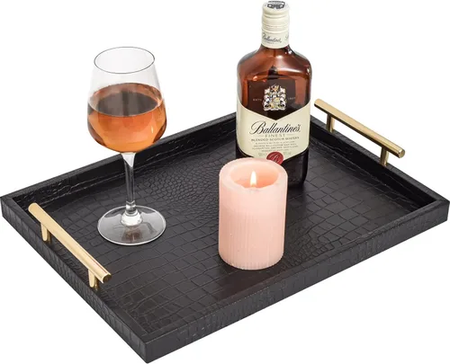 Vista 9 de Juego de 2 bandejas de servir grandes modernas y elegantes de madera, bandeja decorativa rectangular para otomana y mesa de café, de cuero