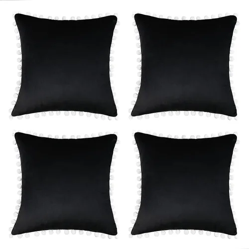 Vista 7 de Juego de 4 fundas de almohada decorativas con pompón, de terciopelo de 18.0 x 18.0 in, para sofá de cama, sala de estar, color negro