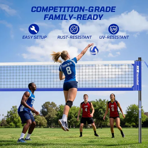 Vista 2 de Outdoor Volleyball Net Set for Backyard, 32FT Regulation, 3-Level Adjustable Height & Anti-Sag Tension System, Heavy Duty Thick Poles, Includes