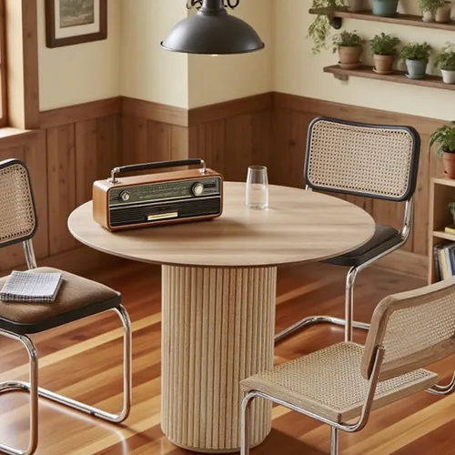 Vista 5 de Mesa de comedor de madera moderna de mediados de siglo, pequeñas mesas de cocina redondas de madera con patas de madera, mesa de comedor redonda