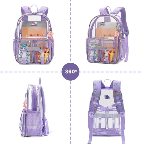 Vista 5 de HTWO Mochila transparente para niñas, bolsa de libro transparente aprobada por estadios, mochilas de actualización de PVC para escuela resistente