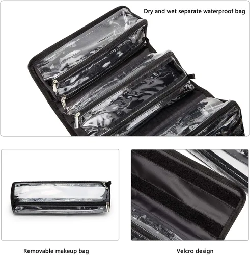 Vista 4 de ROYALFAIR Bolsa de maquillaje enrollable, bolsa de aseo de viaje para mujer con 4 bolsas transparentes aprobadas por la TSA, organizador de viaje
