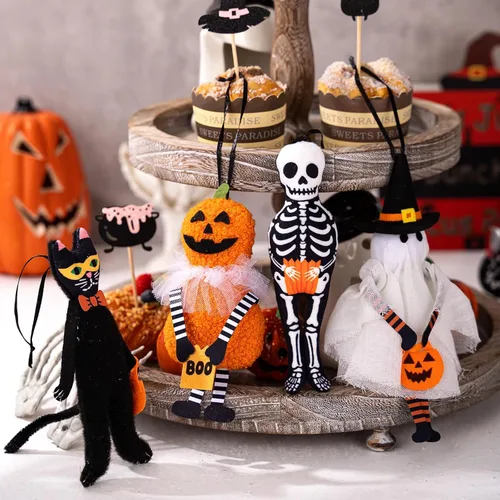 Vista 2 de Juego de 4 adornos para árbol de Halloween, gato negro, calabaza, esqueleto, fantasma, decoraciones colgantes para fiestas de vacaciones, decoración